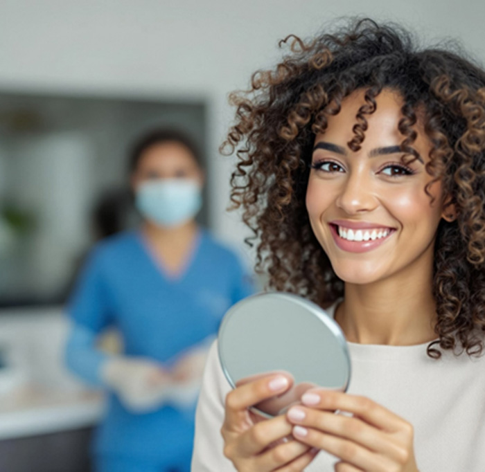 Patient smiling while holding small mirror